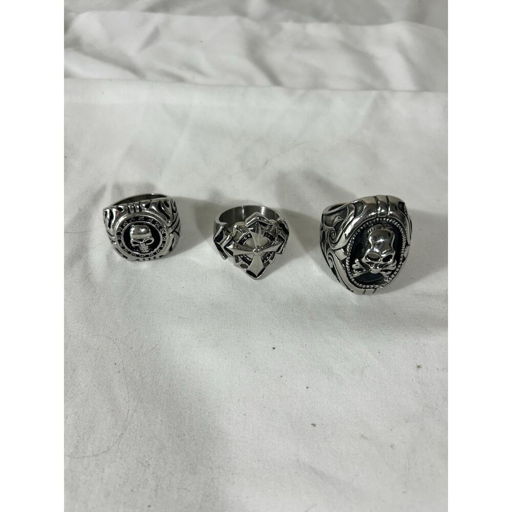 Lot of 3 Heavy Biker Skull Stainless Steel Rings